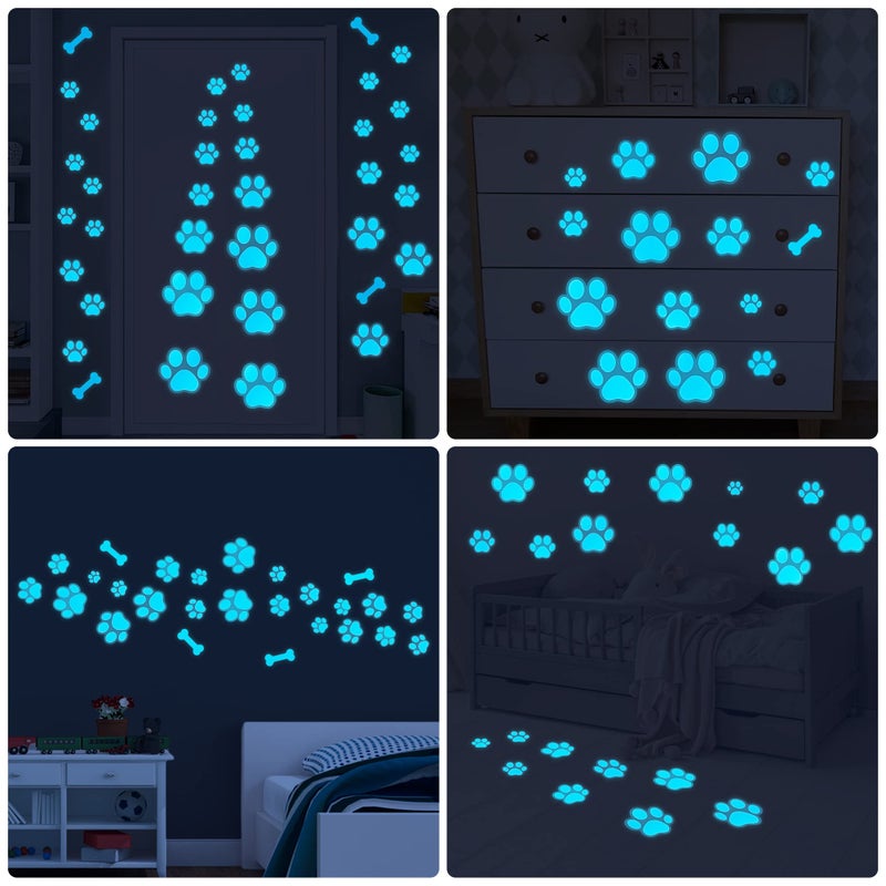 Sinekong Dog Paw Print Stickers Glow in The Dark Wall Decals Pup Dog Room Decor Stickers Vinyl Dog Paw Bone Wall Decals Removable Animal Footprint Decal for Kids Boys Girls Bedroom Nursery Blue - Image 5